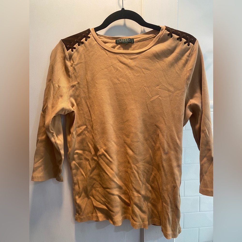 Lauren-Ralph Lauren Colorblock w/faux Suede 3/4th Sleeve, Size L (size cut out)
